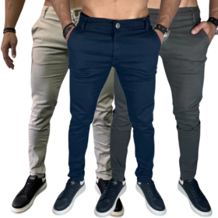 Kit 3 Calça Masculina Sarja Colorida Bolso Embutido Top