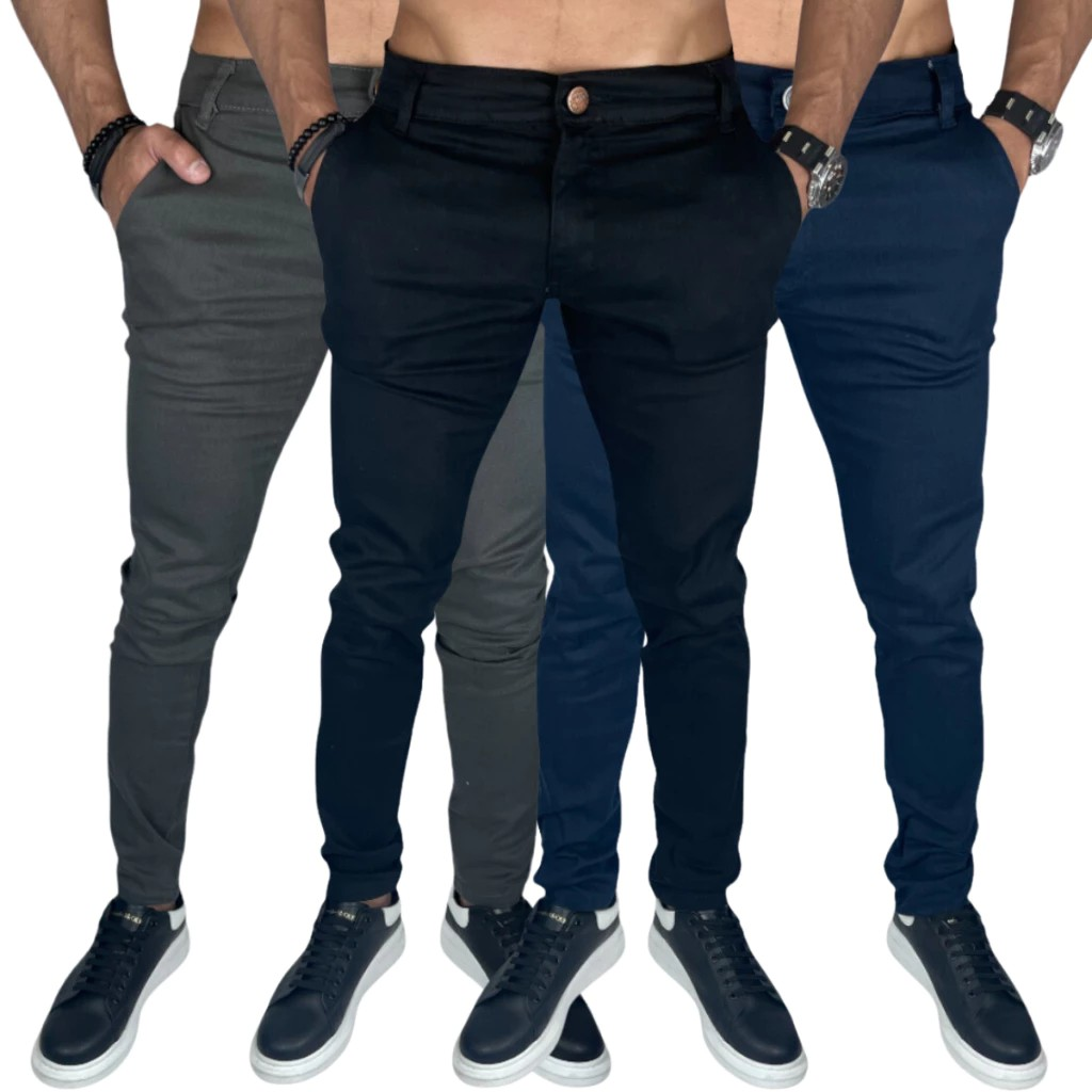 Kit 3 Calça Masculina Sarja Colorida Bolso Embutido Top